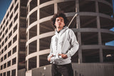 This white  hoodie is soft, smooth and stylish. It is the perfect choice for the cooler evenings, the early morning jump of when you want a bit extra. It has soft cotton faced fabric, double fabric hood with self colour drawstring and front pouch pocket. It has a building and 'send it' shaped as a parachute printed on front.