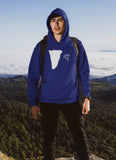 This navy hoodie is soft, smooth and stylish. It is the perfect choice for the cooler evenings, the early morning jump of when you want a bit extra. It has soft cotton faced fabric, double fabric hood with self colour drawstring and front pouch pocket. It has a cliff and 'SEND IT' shaped as a jumper printed on front.
