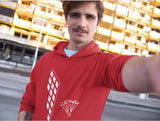 This red hoodie is soft, smooth and stylish. It is the perfect choice for the cooler evenings, the early morning jump of when you want a bit extra. It has soft cotton faced fabric, double fabric hood with self colour drawstring and front pouch pocket. It has a building and 'send it' shaped as a parachute printed on front.