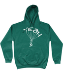 This jade hoodie is soft, smooth and stylish. It is the perfect choice for the cooler evenings, the early morning jump of when you want a bit extra. It has soft cotton faced fabric, double fabric hood with self colour drawstring and front pouch pocket. It has 'YEAH BUDDY' shaped as a skydiver printed on front.