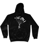 This black hoodie is soft, smooth and stylish. It is the perfect choice for the cooler evenings, the early morning jump of when you want a bit extra. It has soft cotton faced fabric, double fabric hood with self colour drawstring and front pouch pocket. It has 'YEAH BUDDY' shaped as a skydiver printed on front.