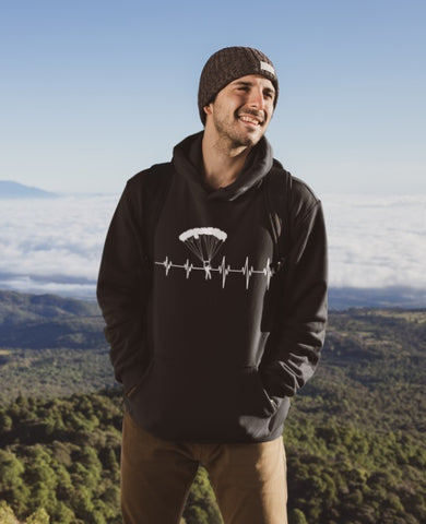 This black hoodie with white heartbeat and skydiver is soft, smooth and stylish. It is the perfect choice for the cooler evenings, the early morning jump of when you want a bit extra. It has soft cotton faced fabric, double fabric hood with self colour drawstring and front pouch pocket. a heartbeat and skydiver printed on the front.