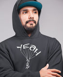 This black hoodie is soft, smooth and stylish. It is the perfect choice for the cooler evenings, the early morning jump of when you want a bit extra. It has soft cotton faced fabric, double fabric hood with self colour drawstring and front pouch pocket. It has 'YEAH BUDDY' shaped as a skydiver printed on front.