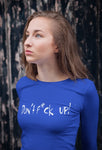 Blue long sleeve t-shirt will enrich any wardrobe with its casual look. It is soft ringspun cotton and has taped neck and shoulders and hemmed sleeves. It gives a cool appearance with the Don't F*ck Up print across the chest.