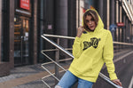 This yellow with black print hoodie is soft, smooth and stylish. It is the perfect choice for the cooler evenings, the early morning jump of when you want a bit extra. It has soft cotton faced fabric, double fabric hood with self colour drawstring and front pouch pocket. It comes in several different colours with different coloured prints.