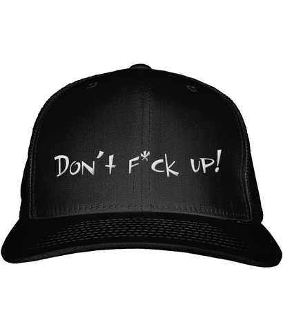 This classic snapback in black consists of a cotton front panel with 'Don't F*ck Up!' embroidered and polyester mesh back. It is retro style and has snapback size adjuster.