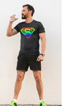 Navy with rainbow logo super BASE sporty t-shirt designed with wicking fabric technology and mesh panels to give ventilated comfort during an active lifestyle. Mesh panels on reverse and under arms, crew neck and short raglan arms. This t-shirt is comfortable and has a flattering fit.
