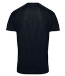 Black super BASE sporty t-shirt designed with wicking fabric technology and mesh panels to give ventilated comfort during an active lifestyle. Mesh panels on reverse and under arms, crew neck and short raglan arms. This t-shirt is comfortable and has a flattering fit.