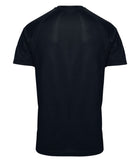 Black super BASE sporty t-shirt designed with wicking fabric technology and mesh panels to give ventilated comfort during an active lifestyle. Mesh panels on reverse and under arms, crew neck and short raglan arms. This t-shirt is comfortable and has a flattering fit.