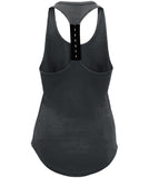 Grey women's racer back vest with the BABE logo matching to the BASE range we have. It is made of sweat-wicking fabric and has elastic racerback with a curved hem and scoop neck. It has a very flattering cut for the female figure and will make sure to keep you cool, comfortable and moving freely during an active lifestyle.