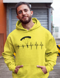 This yellow hoodie with black heartbeat and skydiver is soft, smooth and stylish. It is the perfect choice for the cooler evenings, the early morning jump of when you want a bit extra. It has soft cotton faced fabric, double fabric hood with self colour drawstring and front pouch pocket. a heartbeat and skydiver printed on the front.