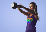 Navy with rainbow logo women's racer back vest with the BABE logo matching to the BASE range we have. It is made of sweat-wicking fabric and has elastic racerback with a curved hem and scoop neck. It has a very flattering cut for the female figure and will make sure to keep you cool, comfortable and moving freely during an active lifestyle.