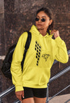 This yellow hoodie is soft, smooth and stylish. It is the perfect choice for the cooler evenings, the early morning jump of when you want a bit extra. It has soft cotton faced fabric, double fabric hood with self colour drawstring and front pouch pocket. It has a building and 'send it' shaped as a parachute printed on front.