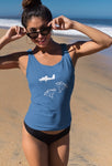 A great womens skydiver tank top in blue for the female with print of an aircraft and two 'SEND IT formed as skydivers. It has a fitted style and consists of 100% organic ring-spun combed cotton. It is available in several colours and is a brilliant choice for the warmer days or under a zoodie!