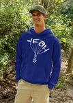 This navy hoodie is soft, smooth and stylish. It is the perfect choice for the cooler evenings, the early morning jump of when you want a bit extra. It has soft cotton faced fabric, double fabric hood with self colour drawstring and front pouch pocket. It has 'YEAH BUDDY' shaped as a skydiver printed on front.