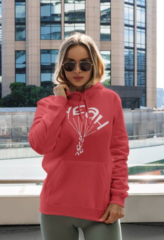 This red hoodie is soft, smooth and stylish. It is the perfect choice for the cooler evenings, the early morning jump of when you want a bit extra. It has soft cotton faced fabric, double fabric hood with self colour drawstring and front pouch pocket. It has 'YEAH BUDDY' shaped as a skydiver printed on front.