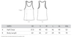 Size chart for womens skydiver tank top with print of 'YEAH BUDDY' formed as a skydiver. It has a fitted style and consists of 100% organic ring-spun combed cotton. It is available in several colours and is a brilliant choice for the warmer days or under a zoodie!